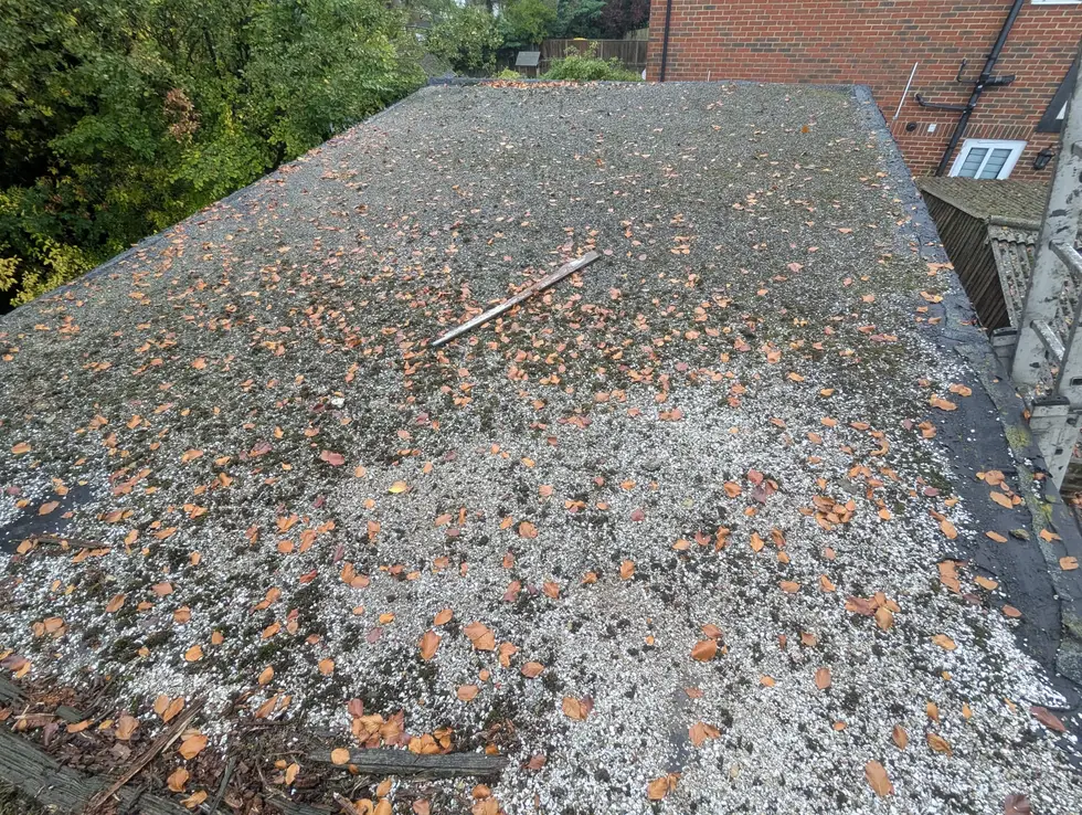 Old felt flat roof covered in chippings and moss before replacement